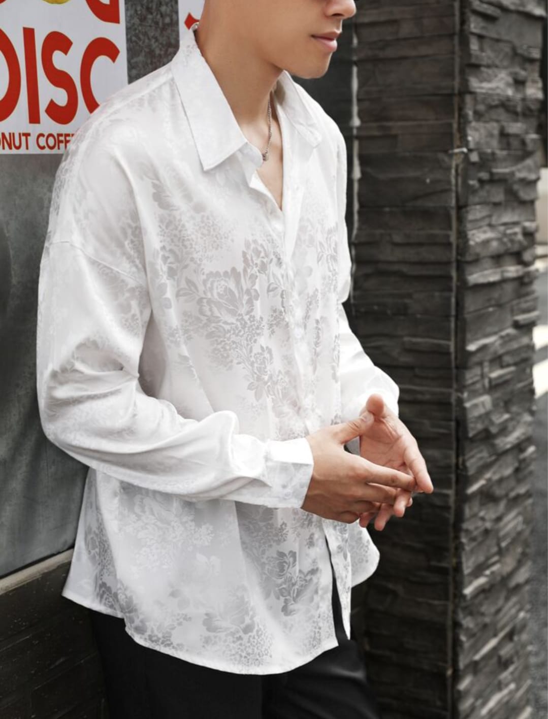 Men's White Floral Jacquard Satin Casual Shirt